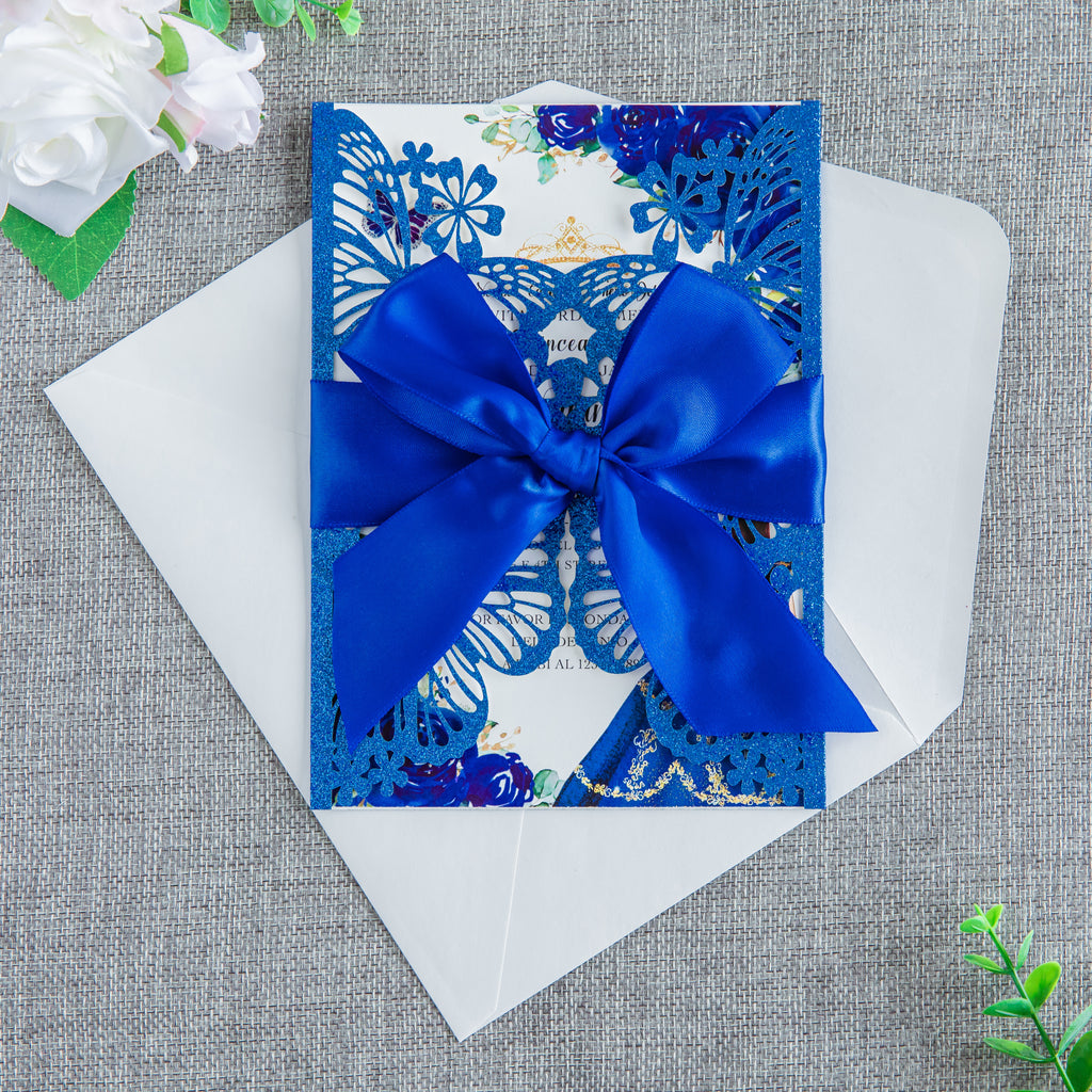 PONATIA Blue Glitter Butterfly Quinceanera Invitation, Laser Cut Wedding Invitation Cards with Envelopes