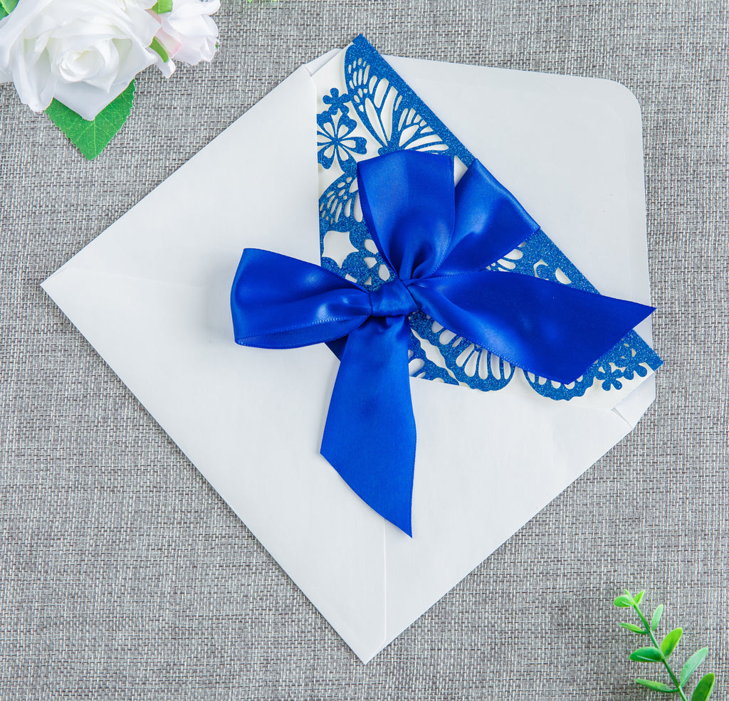 PONATIA Blue Glitter Butterfly Quinceanera Invitation, Laser Cut Wedding Invitation Cards with Envelopes