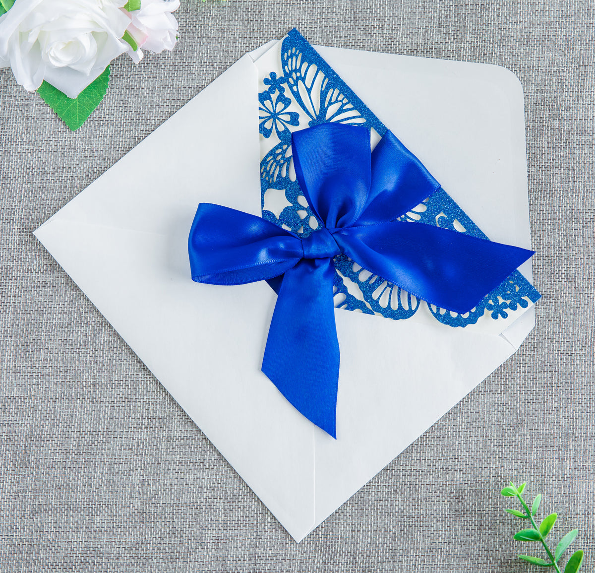 PONATIA Blue Glitter Butterfly Quinceanera Invitation, Laser Cut Wedding Invitation Cards with Envelopes