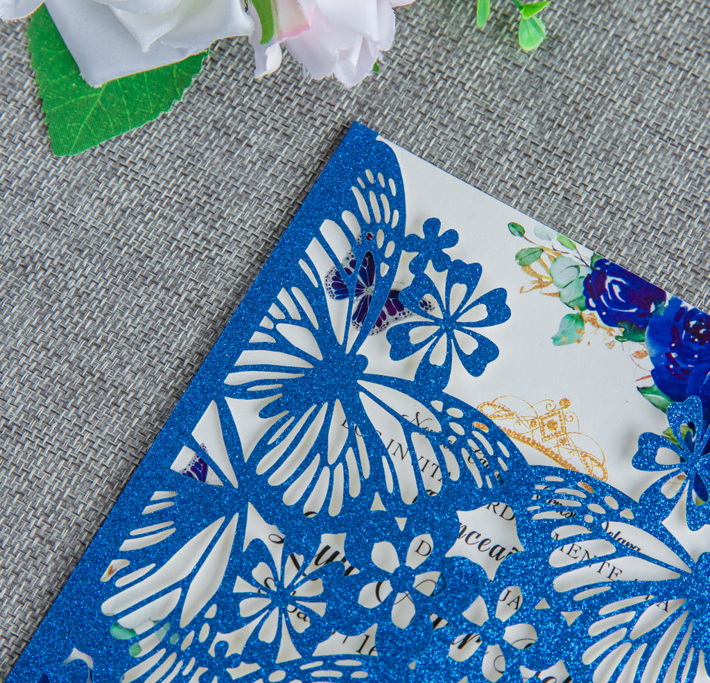 PONATIA Blue Glitter Butterfly Quinceanera Invitation, Laser Cut Wedding Invitation Cards with Envelopes