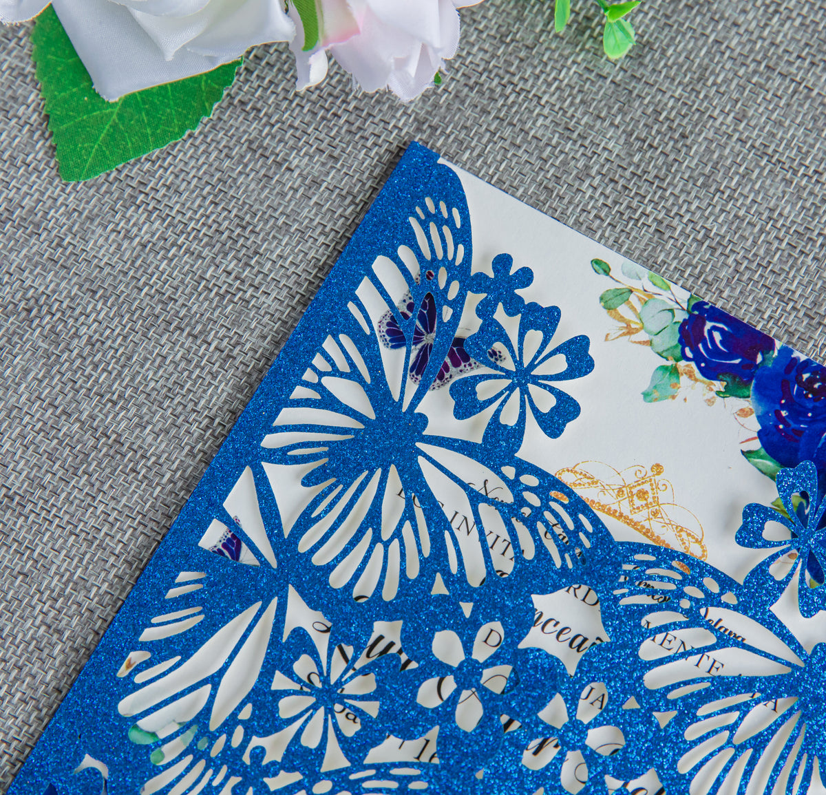 PONATIA Blue Glitter Butterfly Quinceanera Invitation, Laser Cut Wedding Invitation Cards with Envelopes