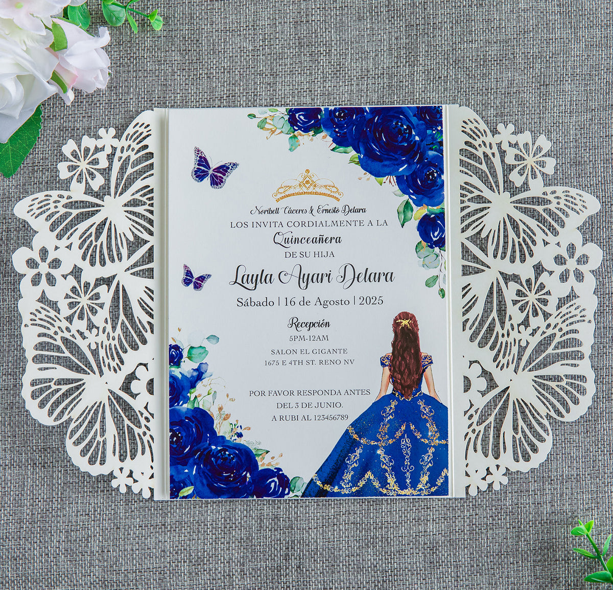 PONATIA Blue Glitter Butterfly Quinceanera Invitation, Laser Cut Wedding Invitation Cards with Envelopes