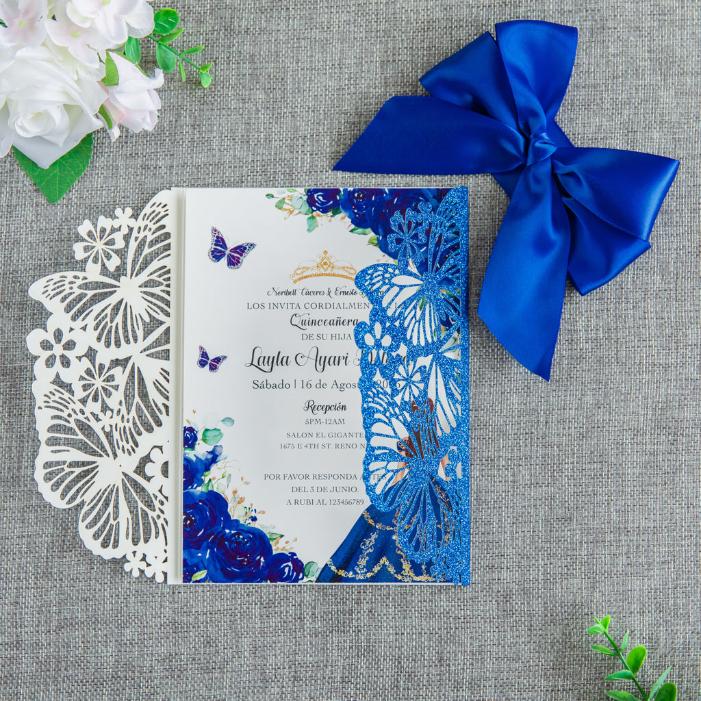 PONATIA Blue Glitter Butterfly Quinceanera Invitation, Laser Cut Wedding Invitation Cards with Envelopes