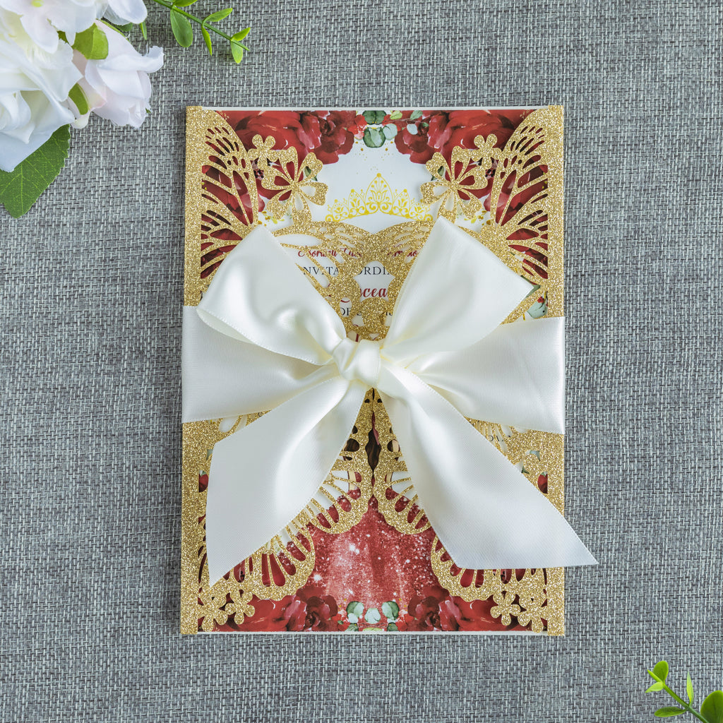 PONATIA Golden Glitter Butterfly Quinceanera Invitation, Laser Cut Wedding Invitation Cards with Envelopes