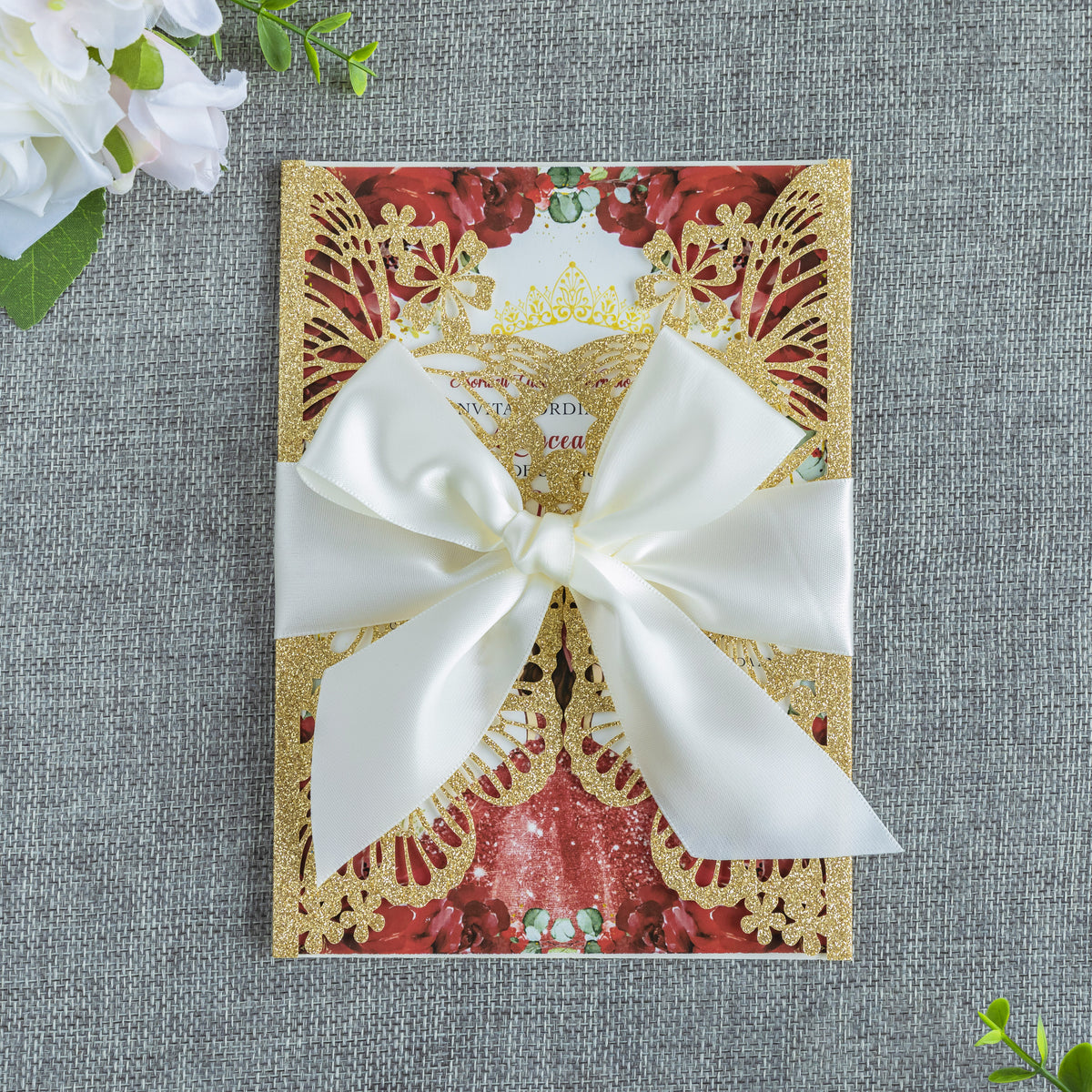 PONATIA Golden Glitter Butterfly Quinceanera Invitation, Laser Cut Wedding Invitation Cards with Envelopes
