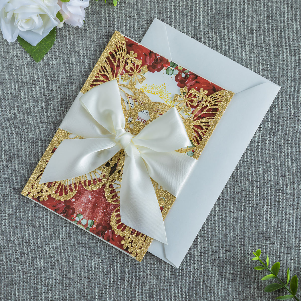 PONATIA Golden Glitter Butterfly Quinceanera Invitation, Laser Cut Wedding Invitation Cards with Envelopes