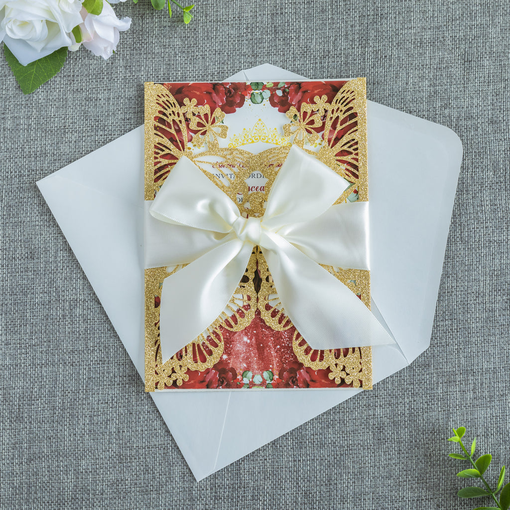 PONATIA Golden Glitter Butterfly Quinceanera Invitation, Laser Cut Wedding Invitation Cards with Envelopes