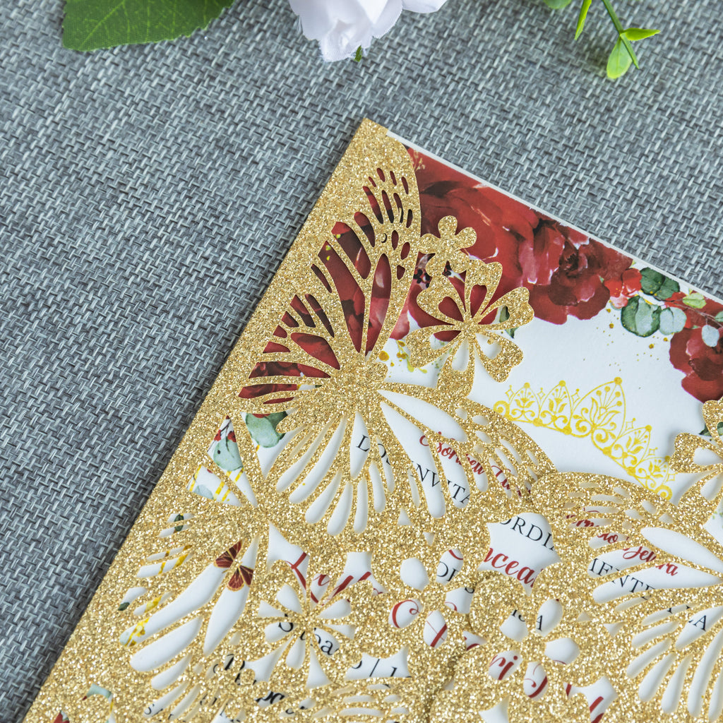 PONATIA Golden Glitter Butterfly Quinceanera Invitation, Laser Cut Wedding Invitation Cards with Envelopes