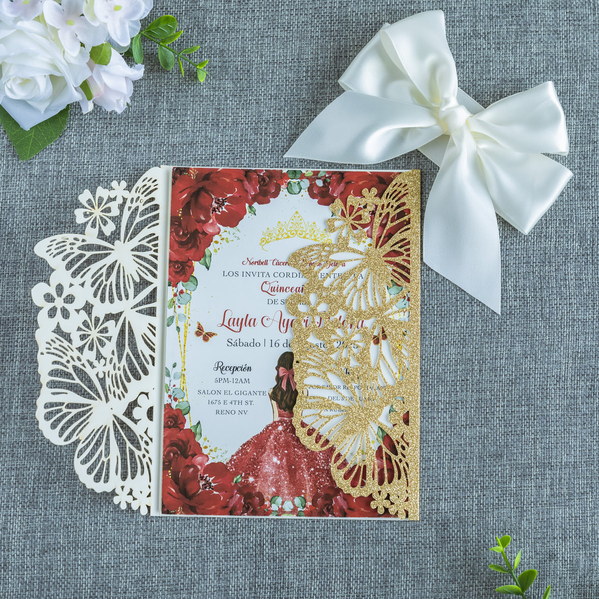 PONATIA Golden Glitter Butterfly Quinceanera Invitation, Laser Cut Wedding Invitation Cards with Envelopes
