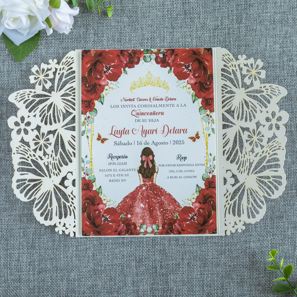 PONATIA Golden Glitter Butterfly Quinceanera Invitation, Laser Cut Wedding Invitation Cards with Envelopes