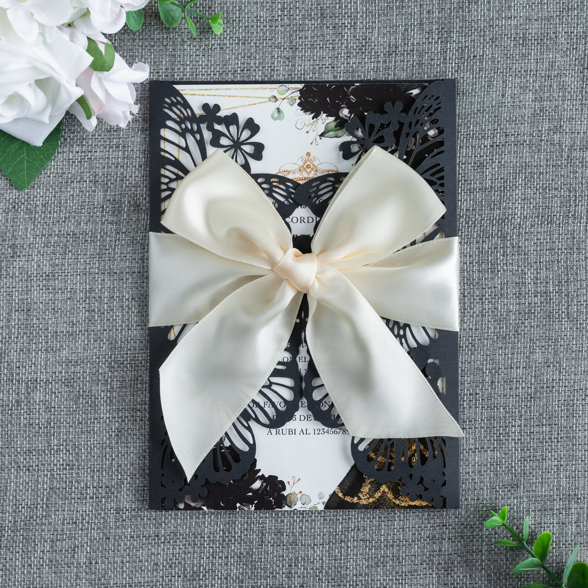 PONATIA Black Butterfly Quinceanera Invitation, Laser Cut Wedding Invitation Cards with Envelopes