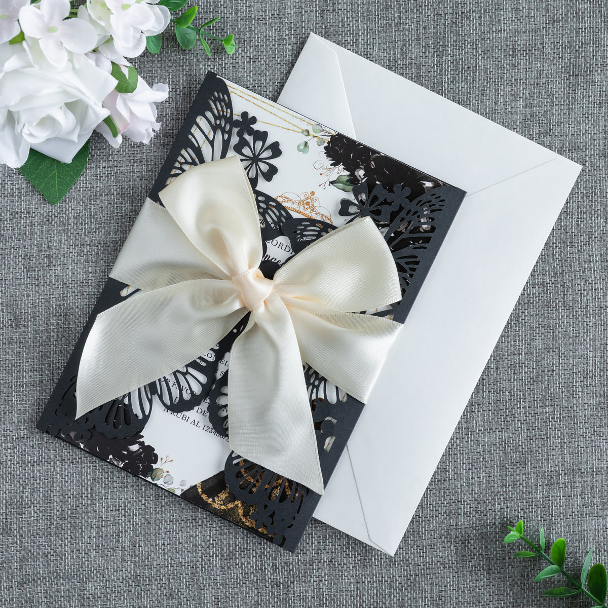 PONATIA Black Butterfly Quinceanera Invitation, Laser Cut Wedding Invitation Cards with Envelopes