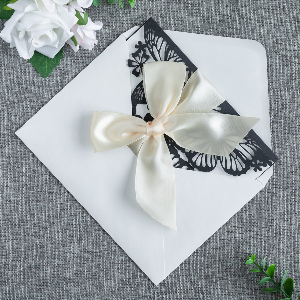 PONATIA Black Butterfly Quinceanera Invitation, Laser Cut Wedding Invitation Cards with Envelopes