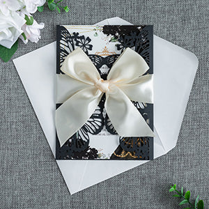 PONATIA Black Butterfly Quinceanera Invitation, Laser Cut Wedding Invitation Cards with Envelopes