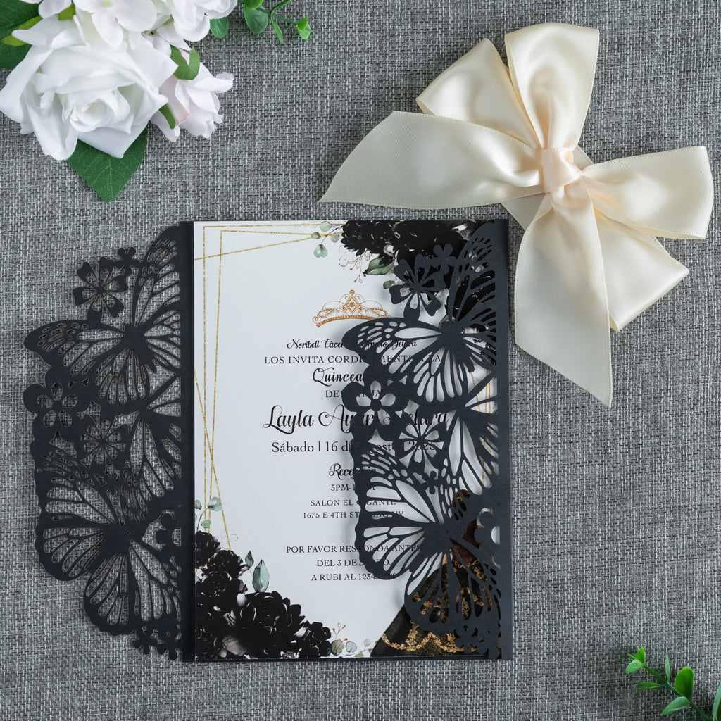 PONATIA Black Butterfly Quinceanera Invitation, Laser Cut Wedding Invitation Cards with Envelopes