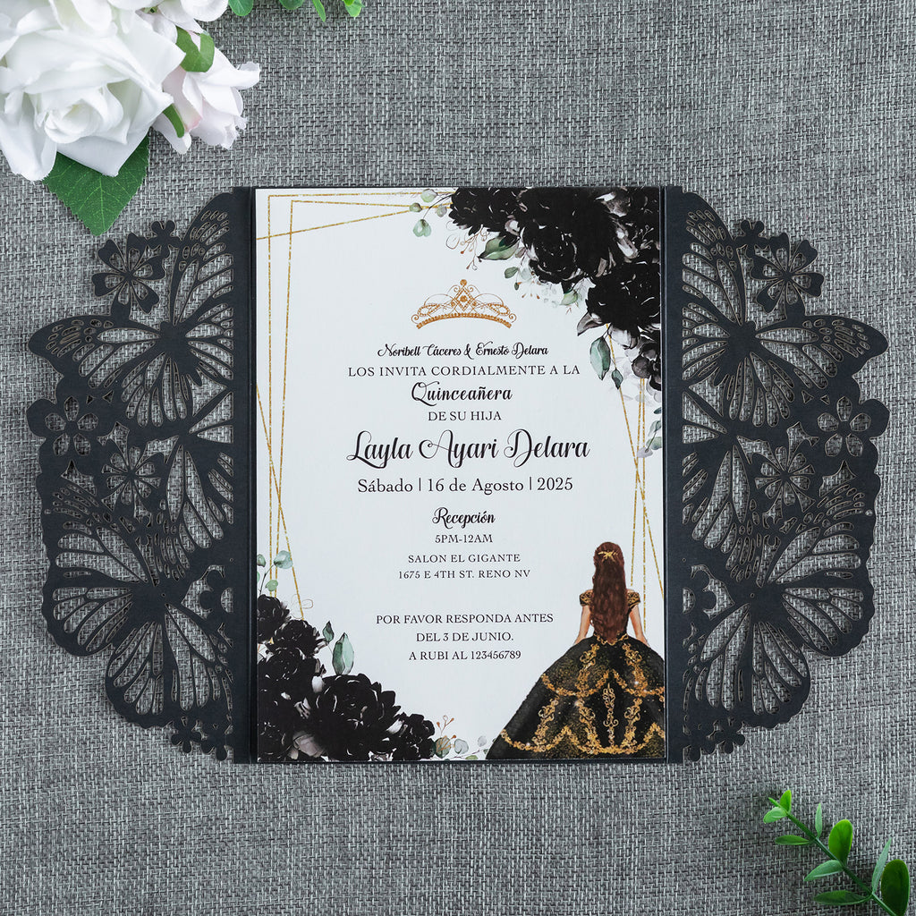 PONATIA Black Butterfly Quinceanera Invitation, Laser Cut Wedding Invitation Cards with Envelopes