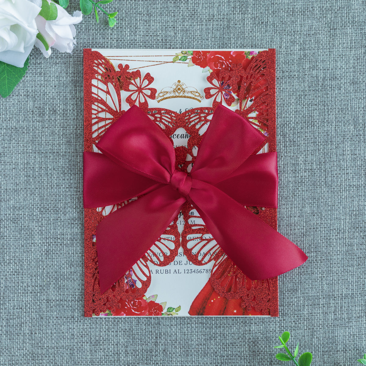 PONATIA Red Glitter Butterfly Quinceanera Invitation, Laser Cut Wedding Invitation Cards with Envelopes