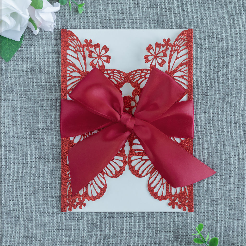 PONATIA Red Glitter Butterfly Quinceanera Invitation, Laser Cut Wedding Invitation Cards with Envelopes