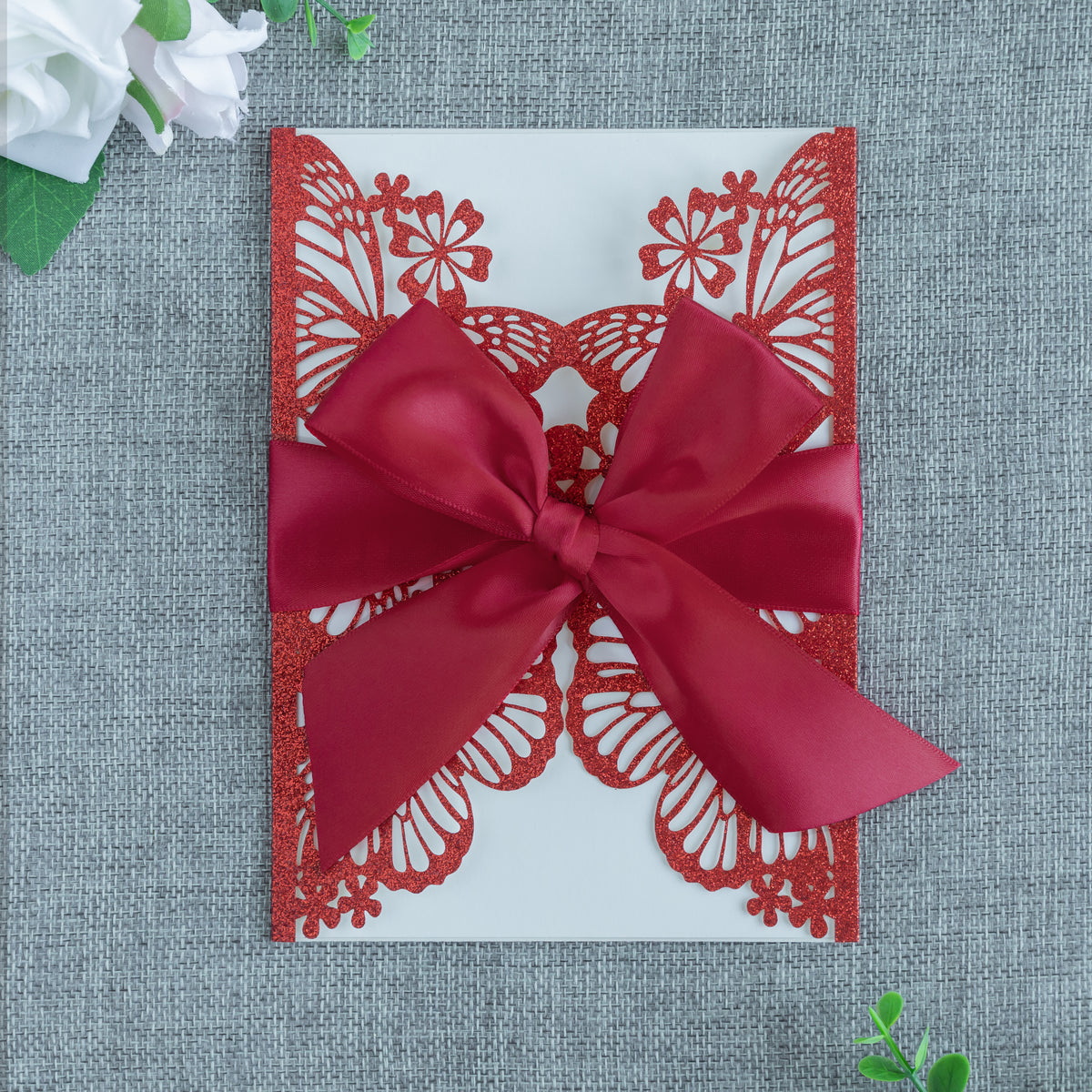 PONATIA Red Glitter Butterfly Quinceanera Invitation, Laser Cut Wedding Invitation Cards with Envelopes