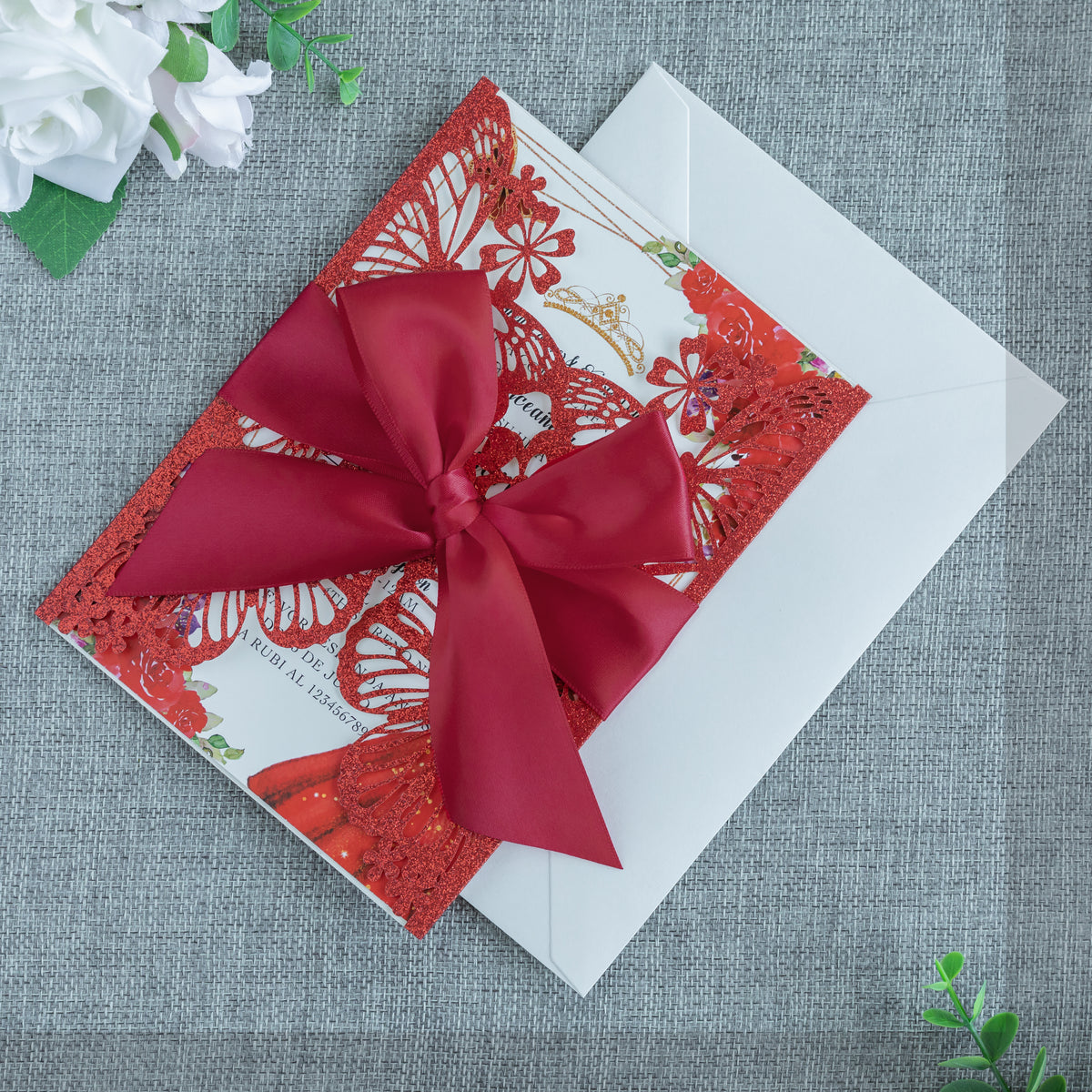 PONATIA Red Glitter Butterfly Quinceanera Invitation, Laser Cut Wedding Invitation Cards with Envelopes