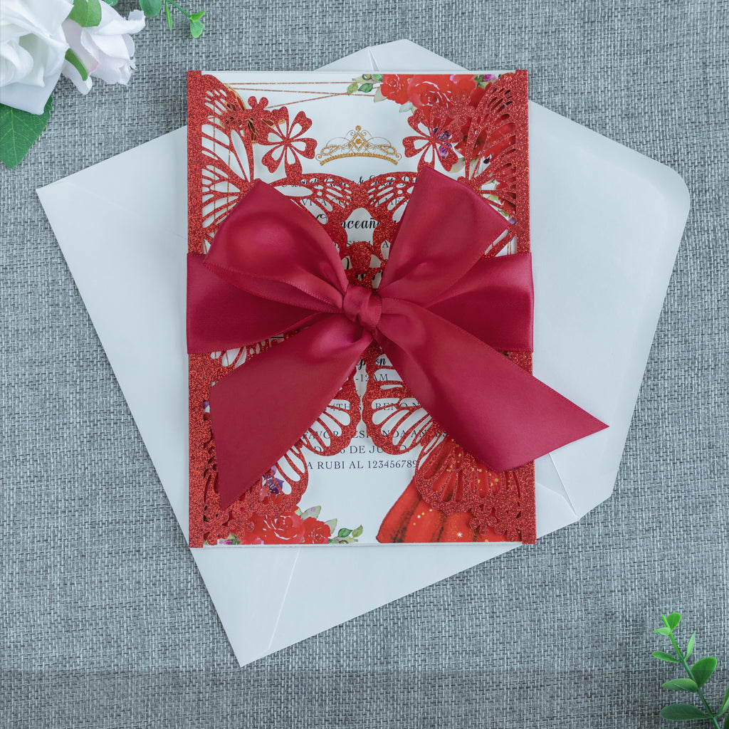 PONATIA Red Glitter Butterfly Quinceanera Invitation, Laser Cut Wedding Invitation Cards with Envelopes