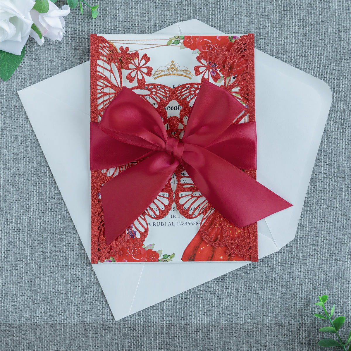 PONATIA Red Glitter Butterfly Quinceanera Invitation, Laser Cut Wedding Invitation Cards with Envelopes