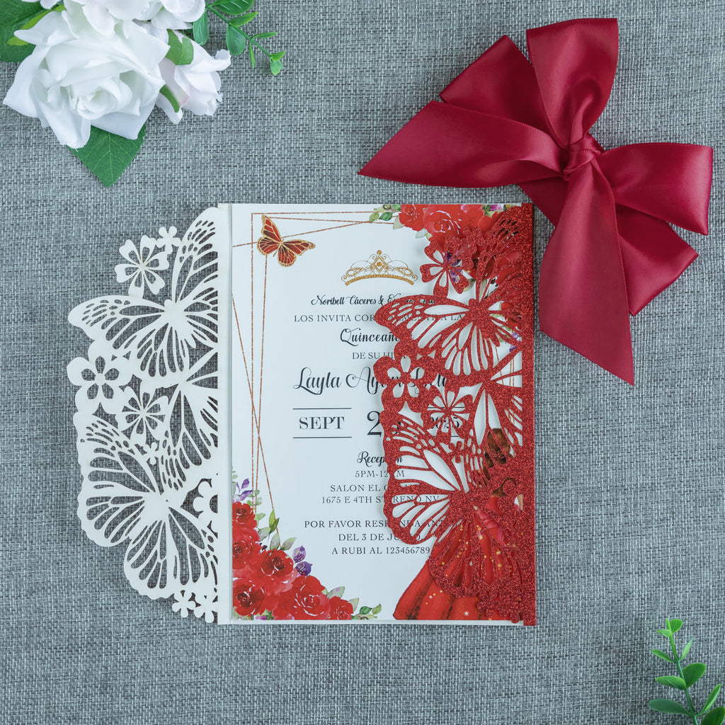 PONATIA Red Glitter Butterfly Quinceanera Invitation, Laser Cut Wedding Invitation Cards with Envelopes