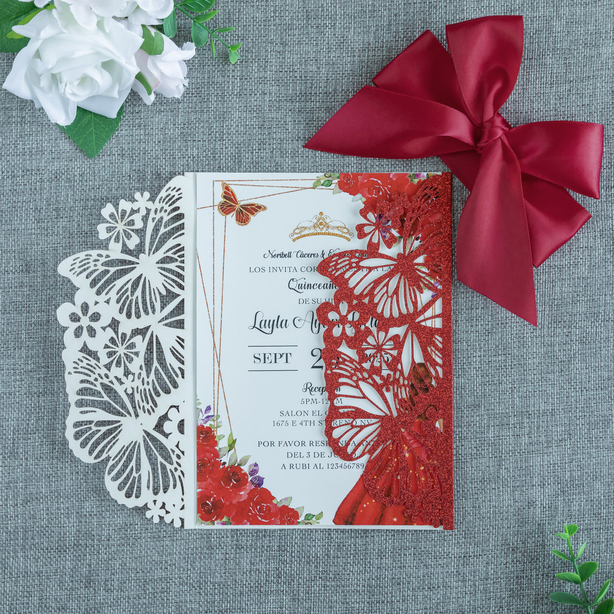 PONATIA Red Glitter Butterfly Quinceanera Invitation, Laser Cut Wedding Invitation Cards with Envelopes