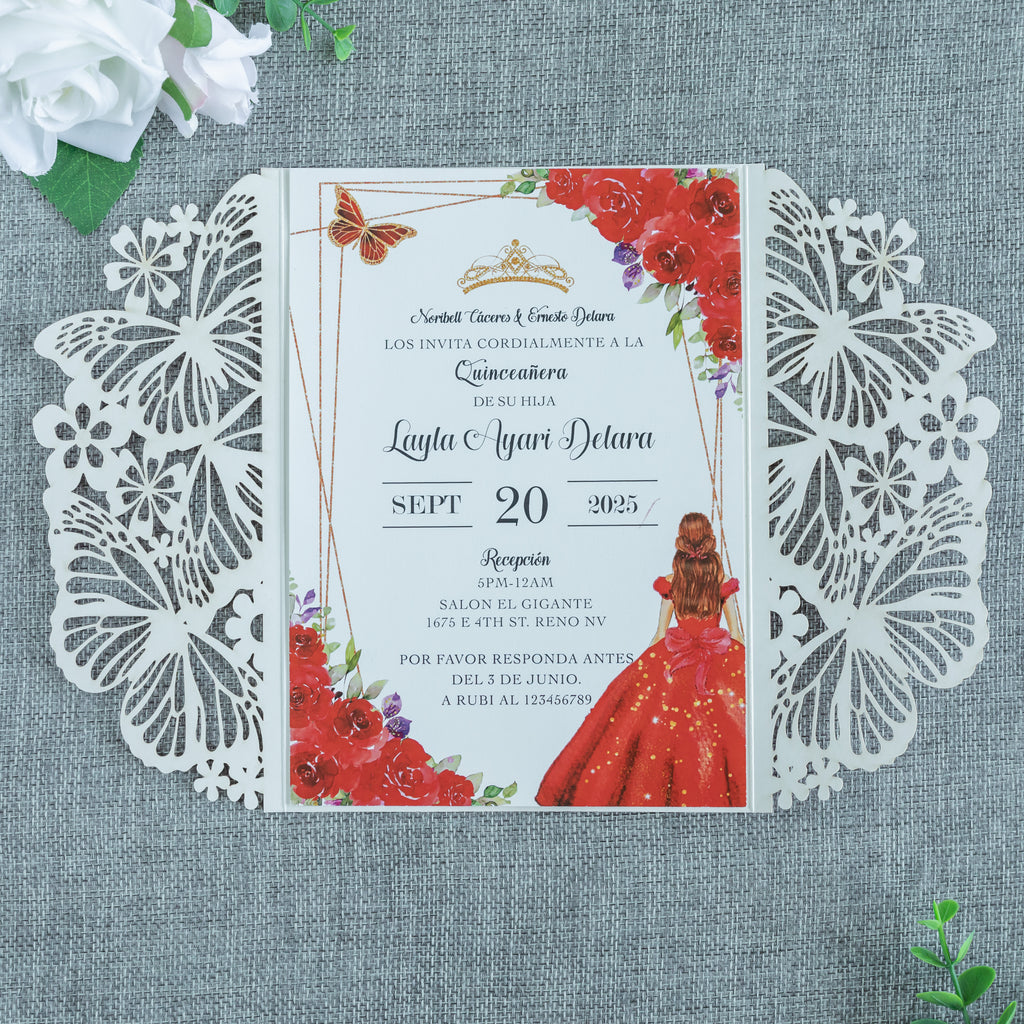 PONATIA Red Glitter Butterfly Quinceanera Invitation, Laser Cut Wedding Invitation Cards with Envelopes