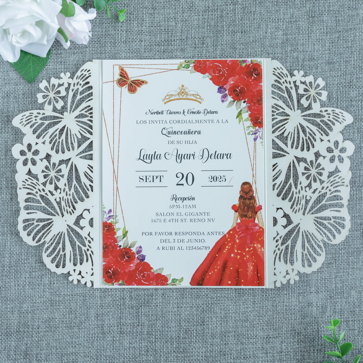 PONATIA Red Glitter Butterfly Quinceanera Invitation, Laser Cut Wedding Invitation Cards with Envelopes