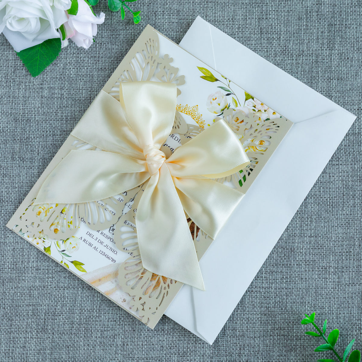 PONATIA Champagne Shinny Butterfly Quinceanera Invitation, Laser Cut Wedding Invitation Cards with Envelopes