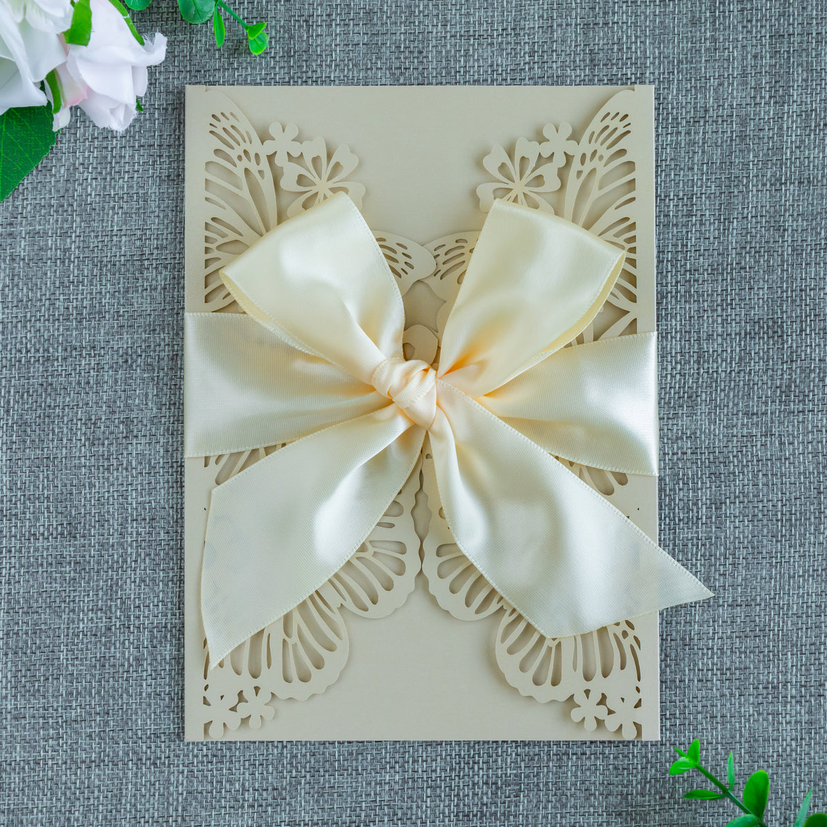 PONATIA Champagne Shinny Butterfly Quinceanera Invitation, Laser Cut Wedding Invitation Cards with Envelopes