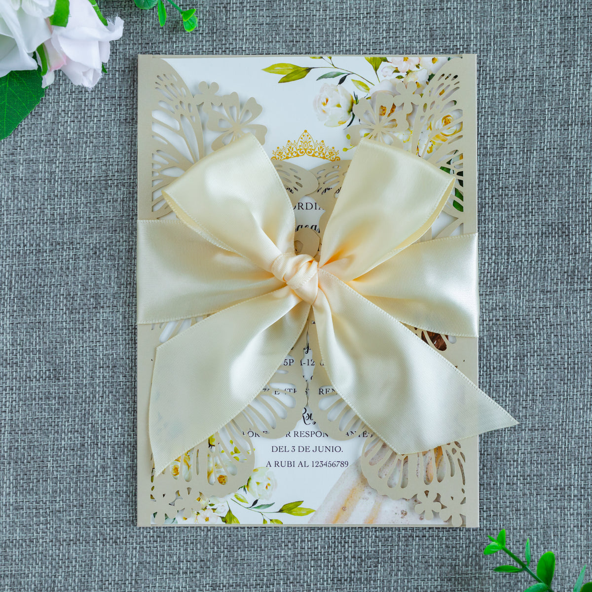 PONATIA Champagne Shinny Butterfly Quinceanera Invitation, Laser Cut Wedding Invitation Cards with Envelopes