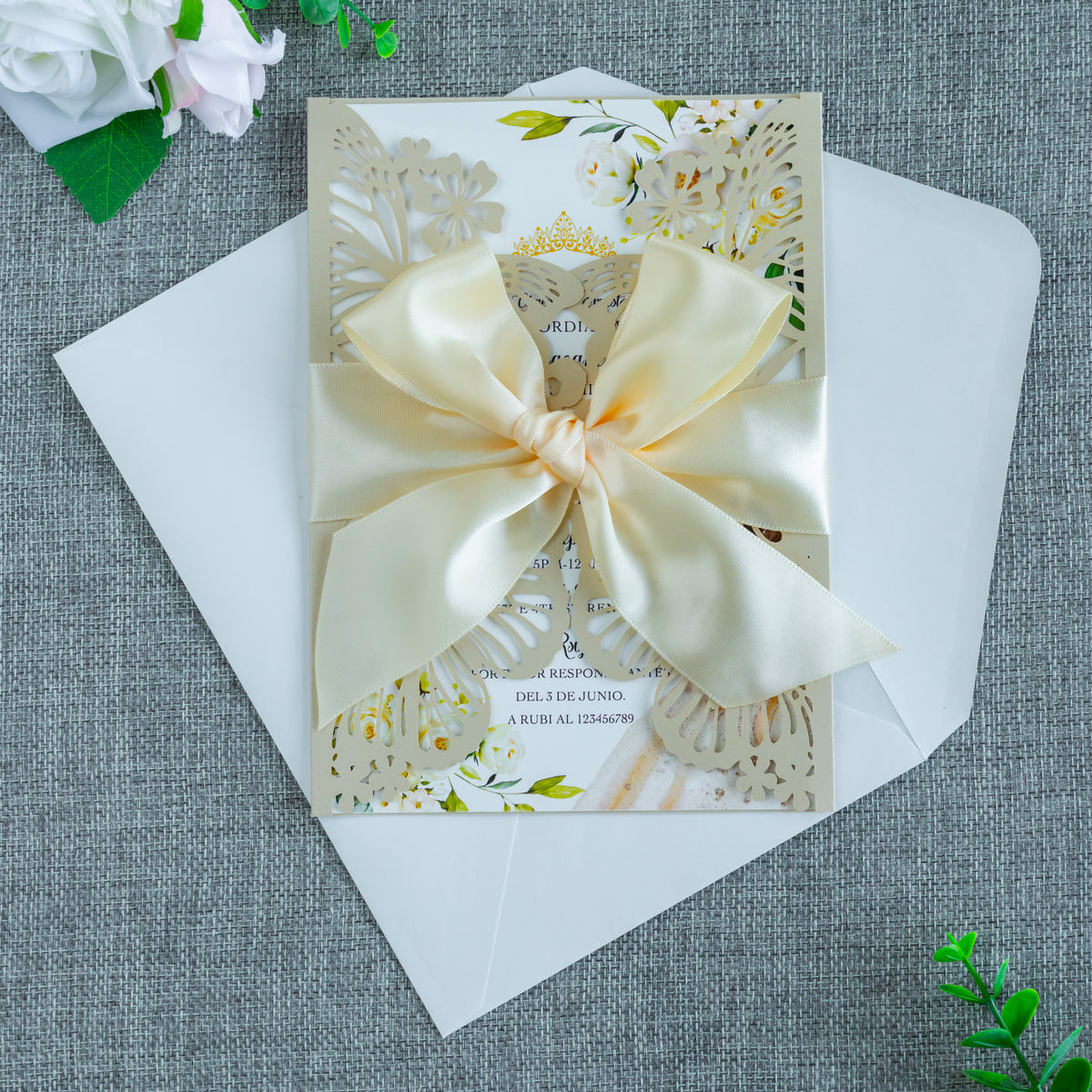 PONATIA Champagne Shinny Butterfly Quinceanera Invitation, Laser Cut Wedding Invitation Cards with Envelopes