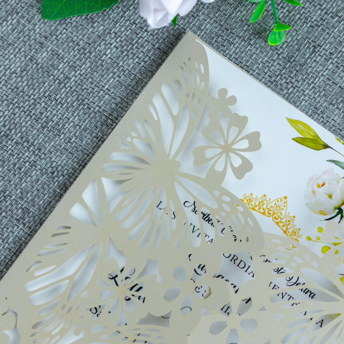 PONATIA Champagne Shinny Butterfly Quinceanera Invitation, Laser Cut Wedding Invitation Cards with Envelopes