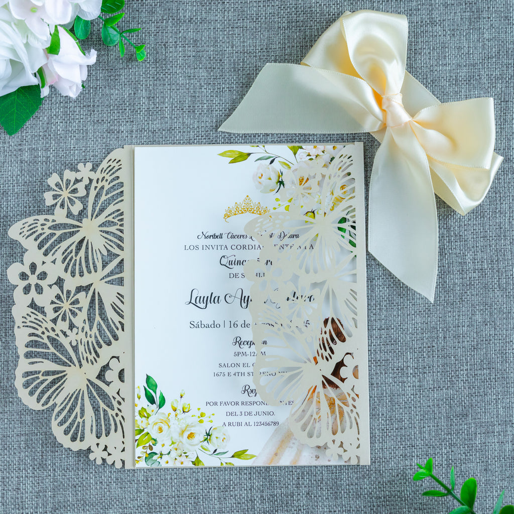 PONATIA Champagne Shinny Butterfly Quinceanera Invitation, Laser Cut Wedding Invitation Cards with Envelopes