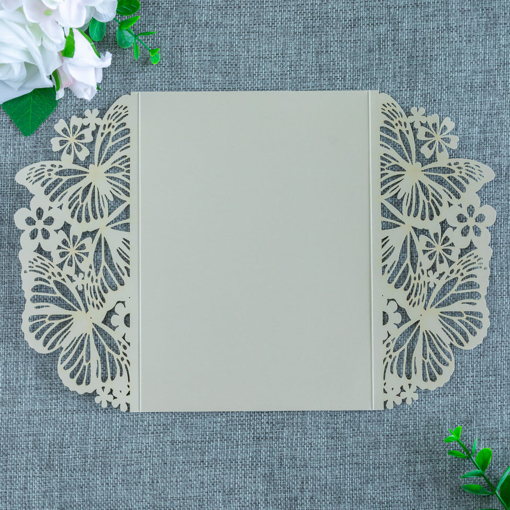 PONATIA Champagne Shinny Butterfly Quinceanera Invitation, Laser Cut Wedding Invitation Cards with Envelopes