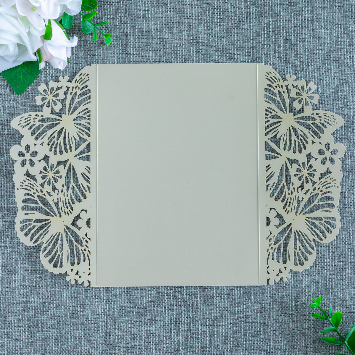 PONATIA Champagne Shinny Butterfly Quinceanera Invitation, Laser Cut Wedding Invitation Cards with Envelopes