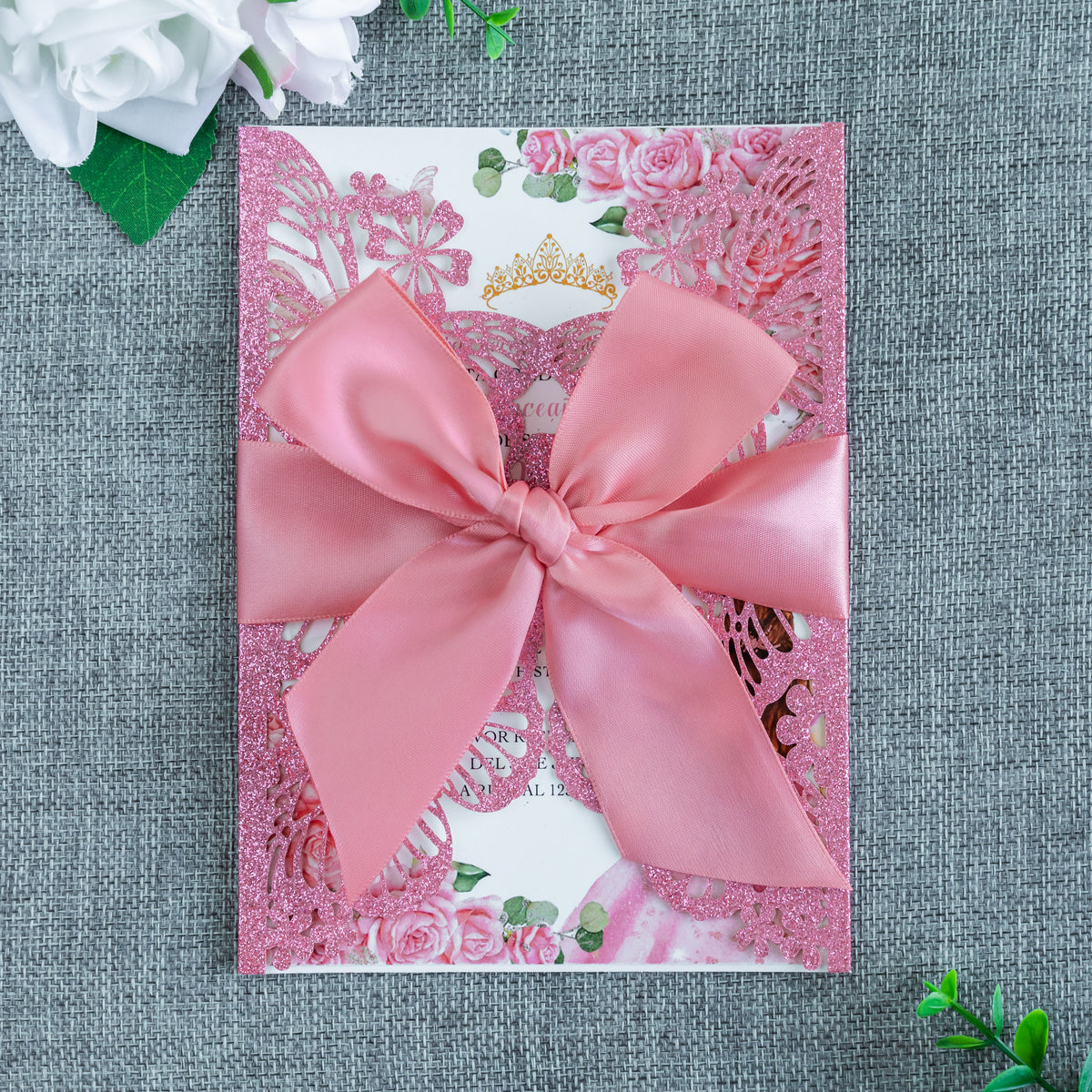 PONATIA Pink Glitter Butterfly Quinceanera Invitation, Laser Cut Wedding Invitation Cards with Envelopes
