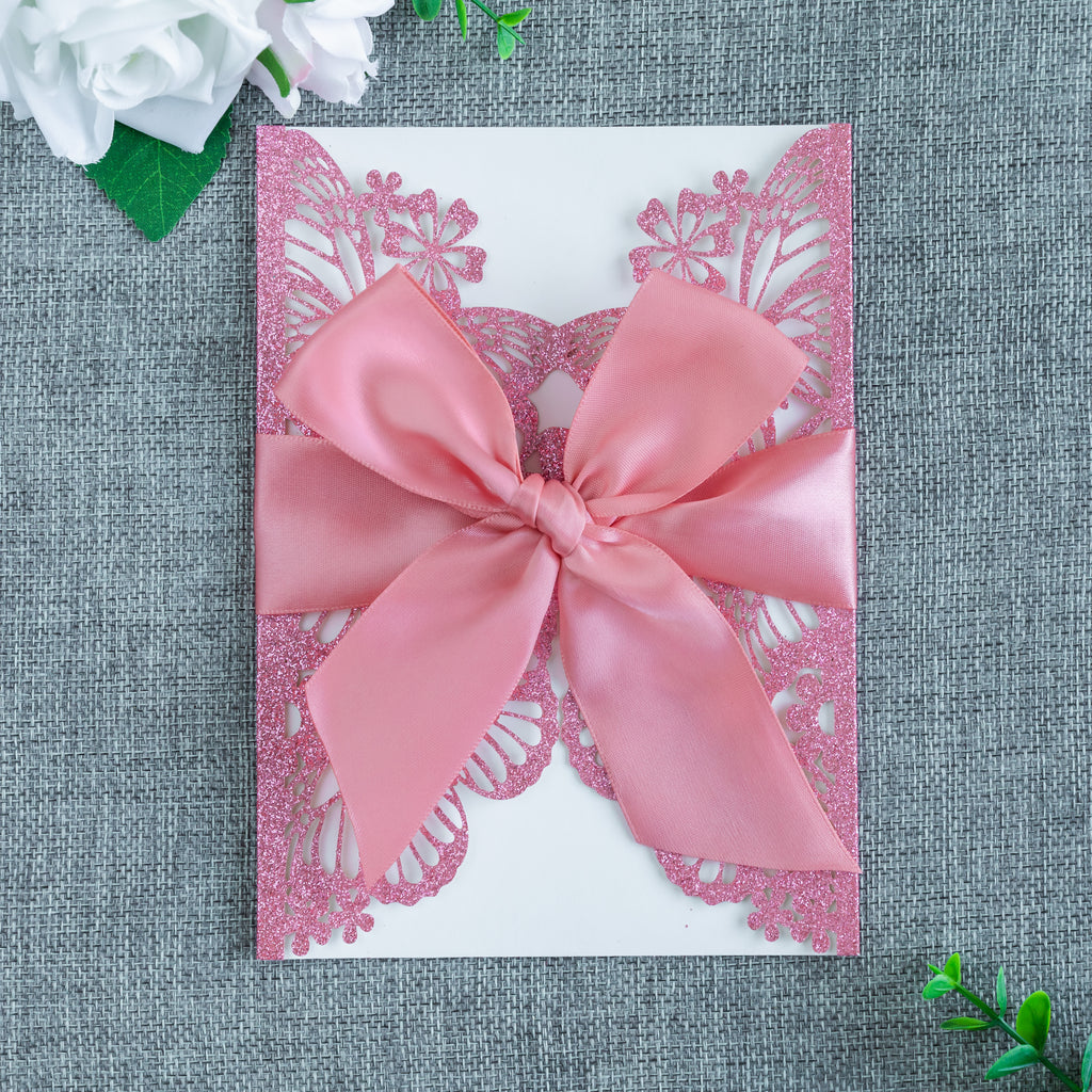 PONATIA Pink Glitter Butterfly Quinceanera Invitation, Laser Cut Wedding Invitation Cards with Envelopes