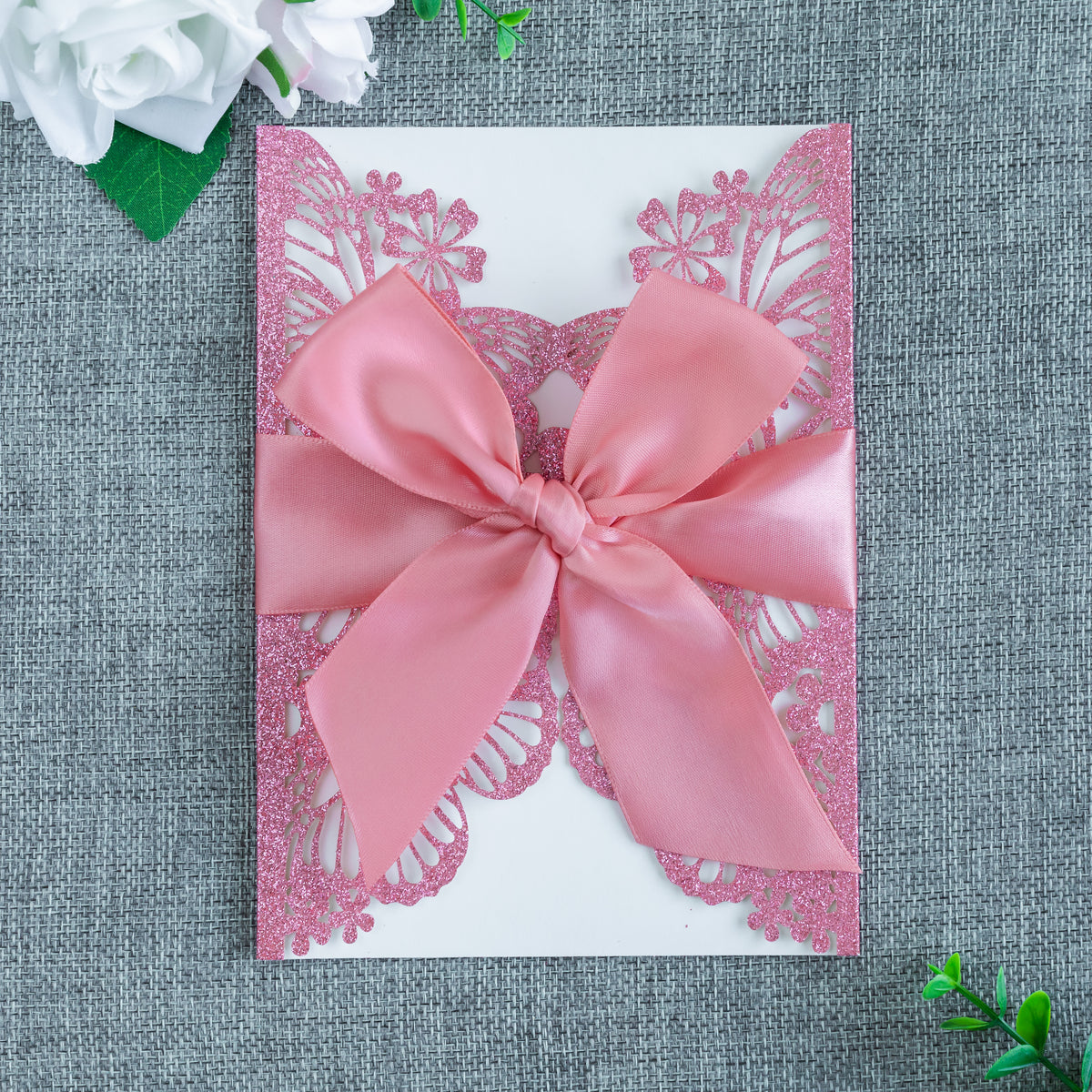 PONATIA Pink Glitter Butterfly Quinceanera Invitation, Laser Cut Wedding Invitation Cards with Envelopes