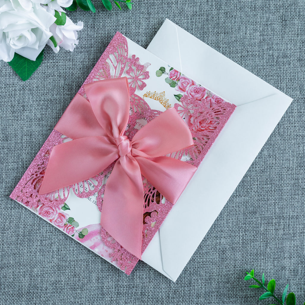 PONATIA Pink Glitter Butterfly Quinceanera Invitation, Laser Cut Wedding Invitation Cards with Envelopes