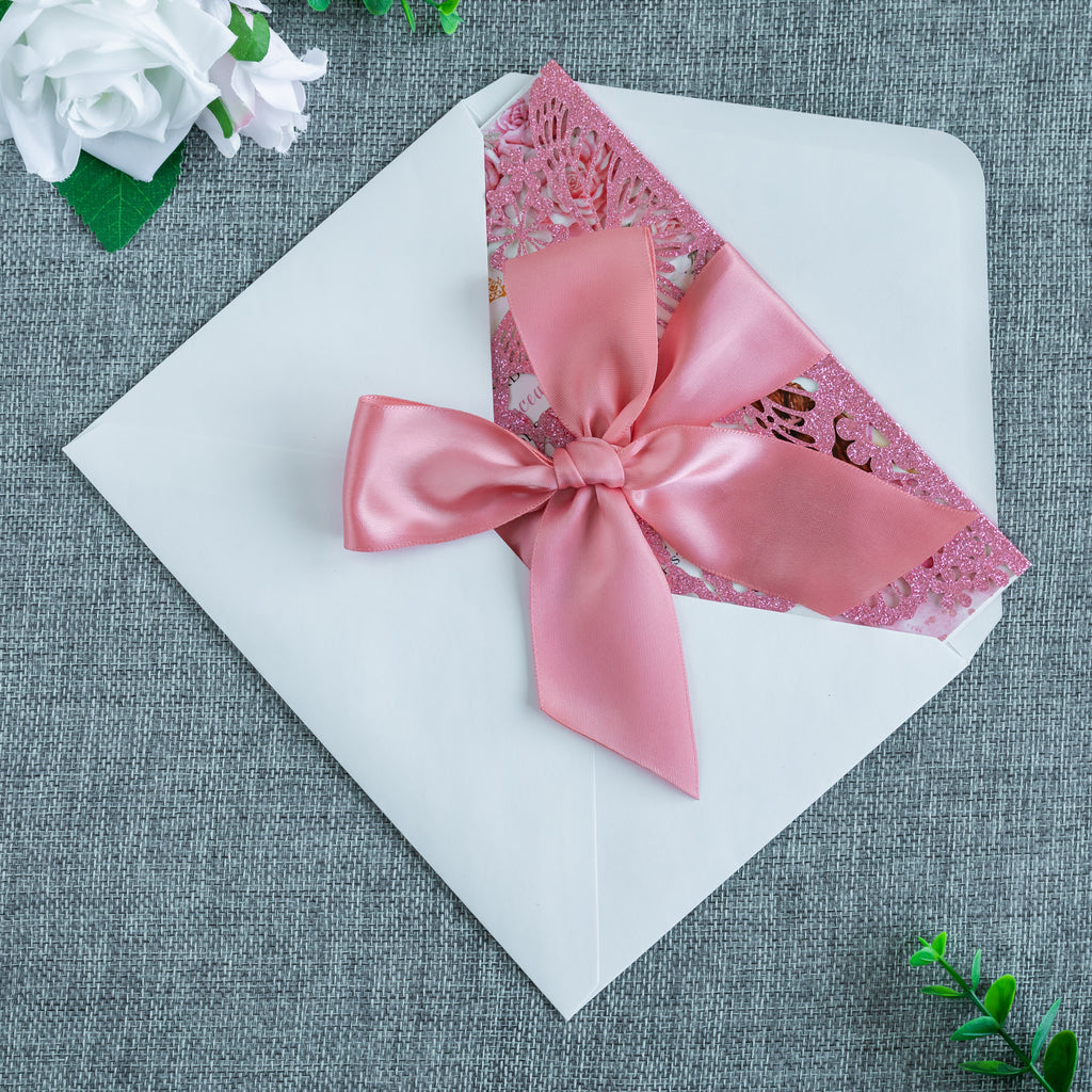 PONATIA Pink Glitter Butterfly Quinceanera Invitation, Laser Cut Wedding Invitation Cards with Envelopes