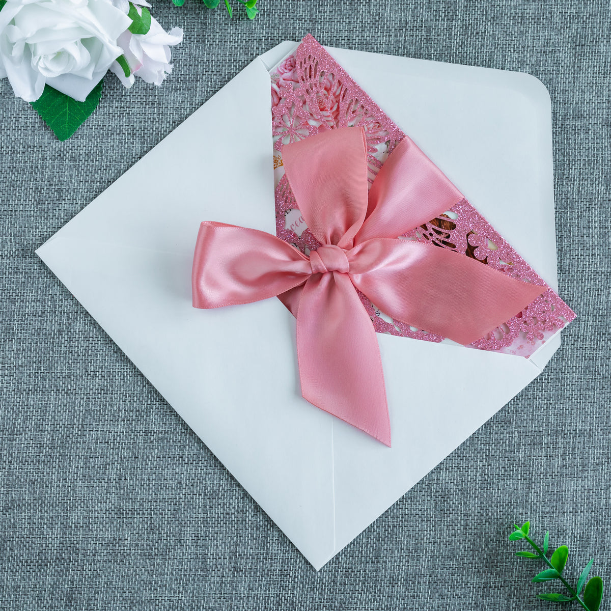 PONATIA Pink Glitter Butterfly Quinceanera Invitation, Laser Cut Wedding Invitation Cards with Envelopes