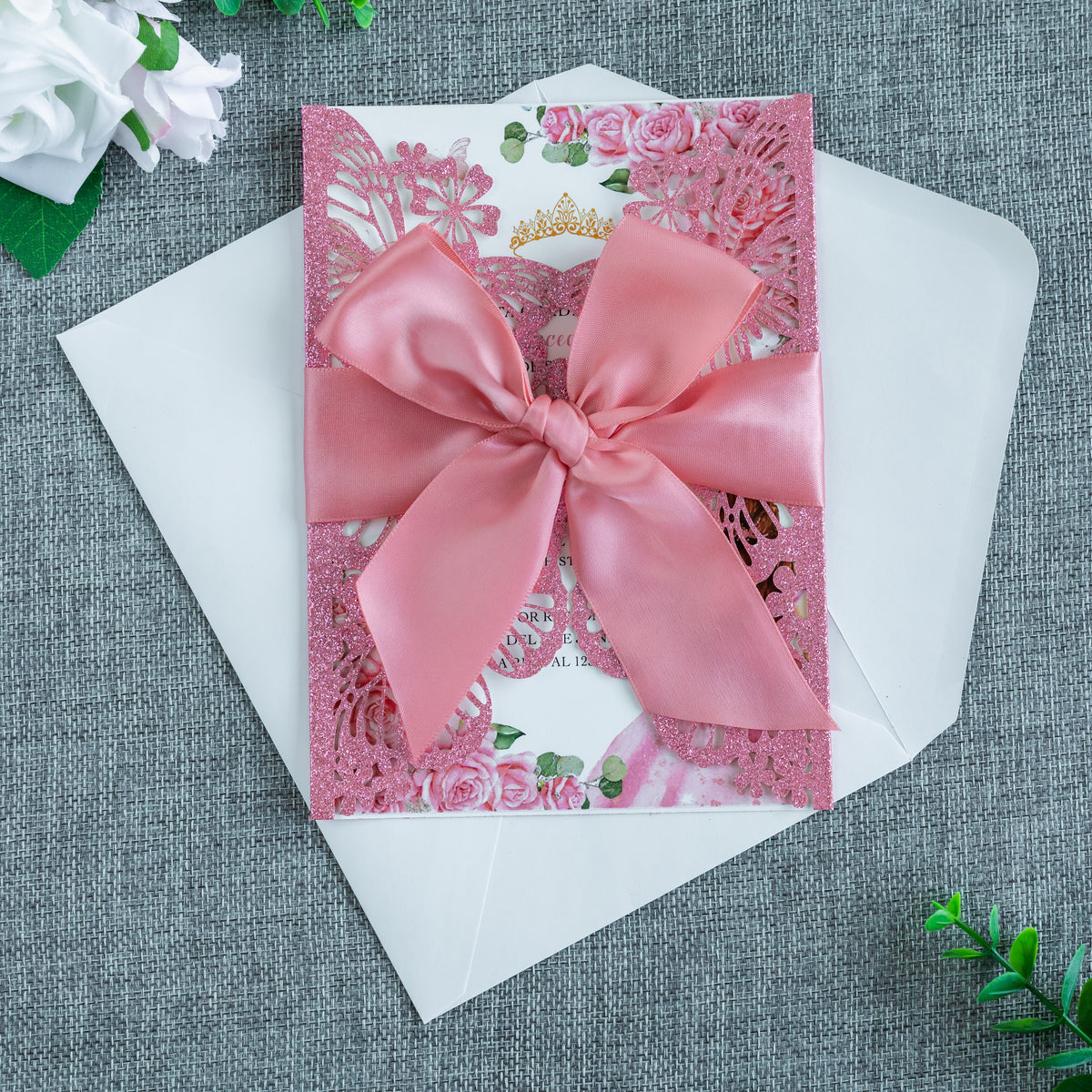 PONATIA Pink Glitter Butterfly Quinceanera Invitation, Laser Cut Wedding Invitation Cards with Envelopes