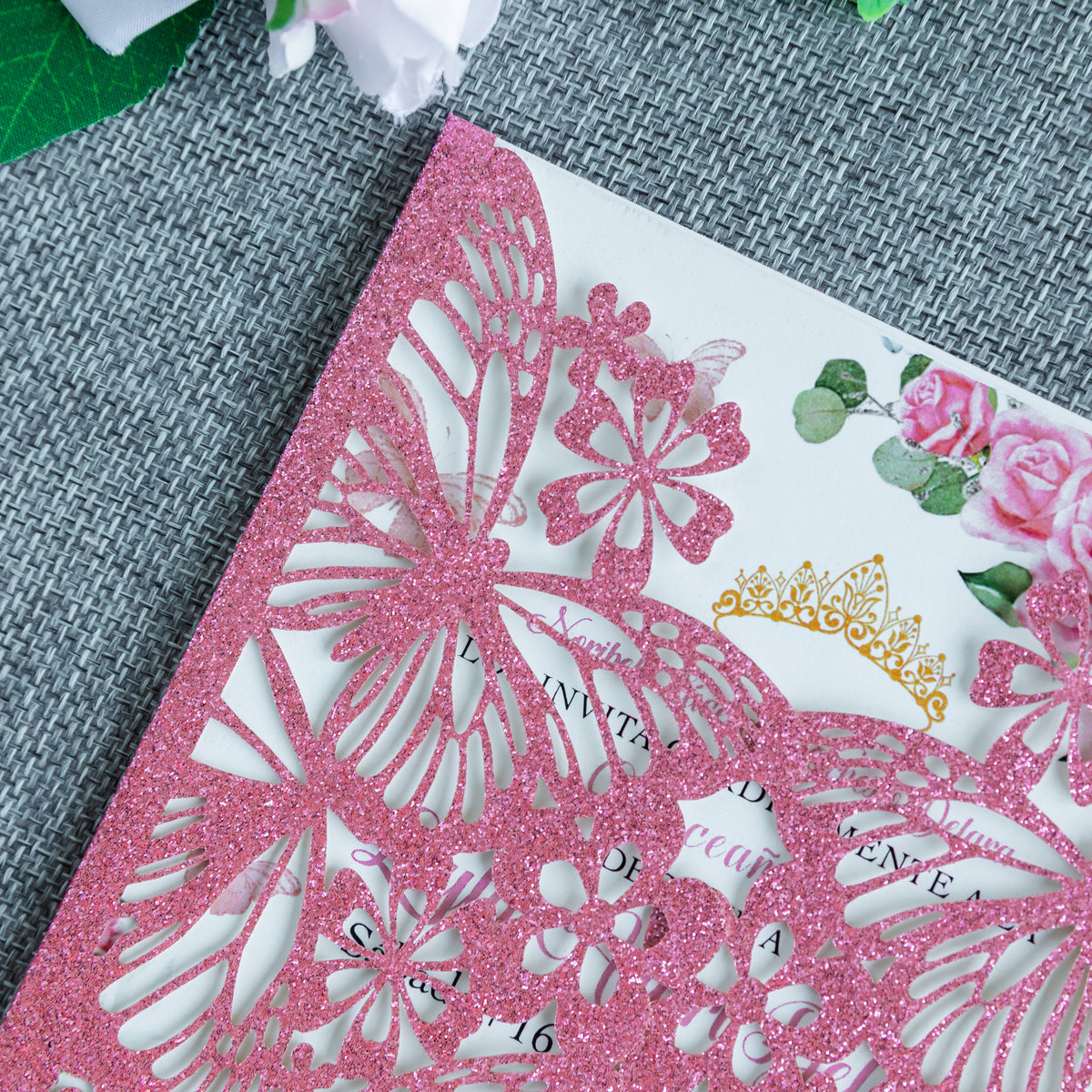 PONATIA Pink Glitter Butterfly Quinceanera Invitation, Laser Cut Wedding Invitation Cards with Envelopes