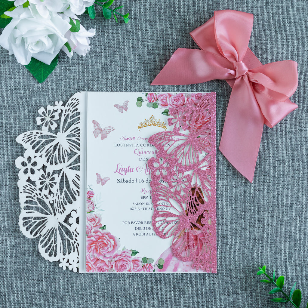PONATIA Pink Glitter Butterfly Quinceanera Invitation, Laser Cut Wedding Invitation Cards with Envelopes