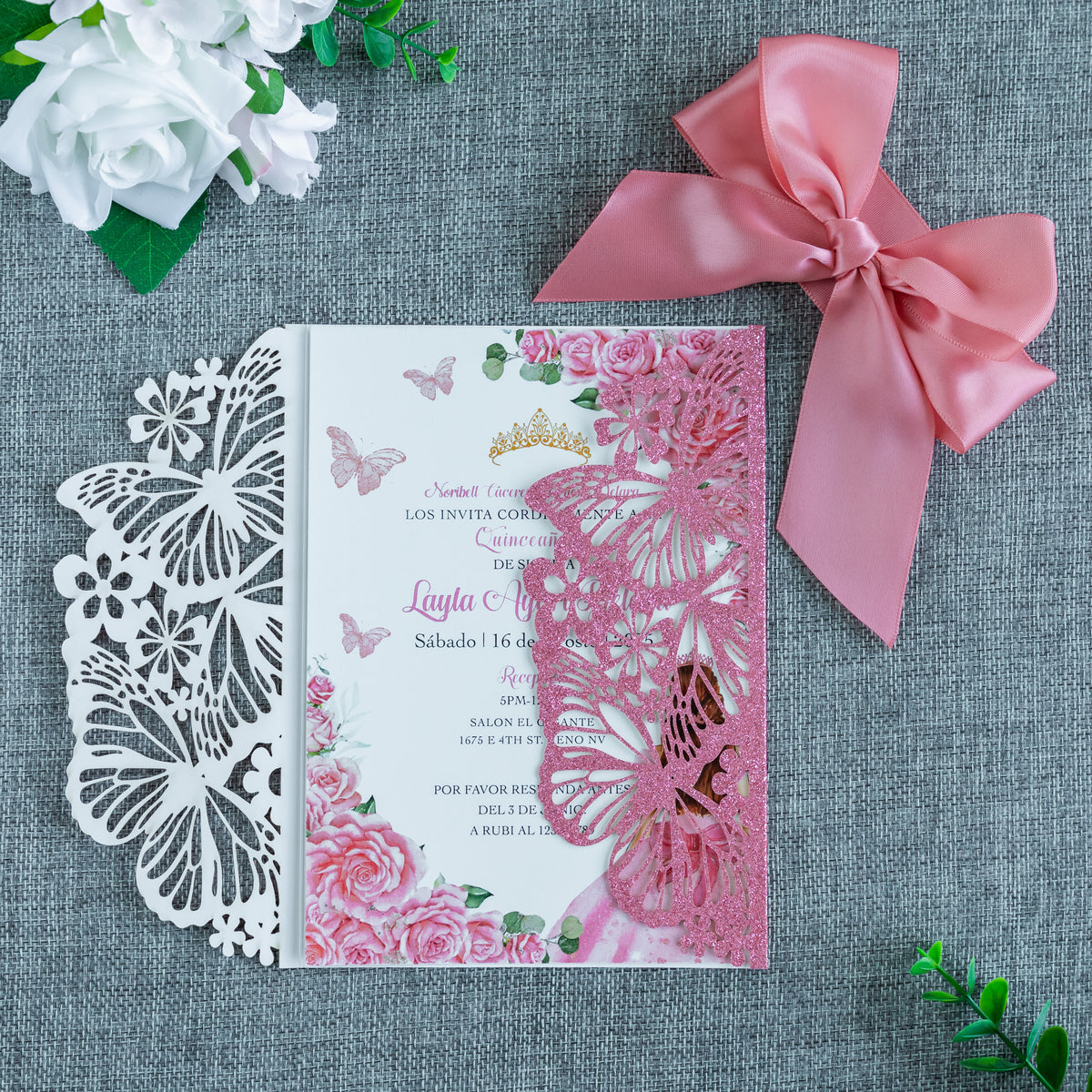 PONATIA Pink Glitter Butterfly Quinceanera Invitation, Laser Cut Wedding Invitation Cards with Envelopes