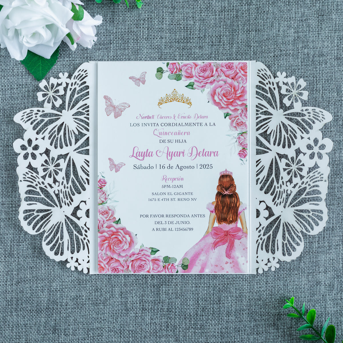 PONATIA Pink Glitter Butterfly Quinceanera Invitation, Laser Cut Wedding Invitation Cards with Envelopes