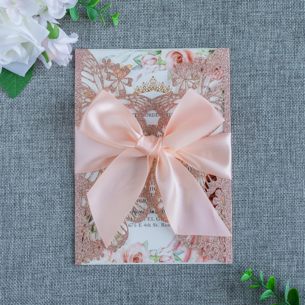 PONATIA Rose Gold Glitter Butterfly Quinceanera Invitation, Laser Cut Wedding Invitation Cards with Envelopes
